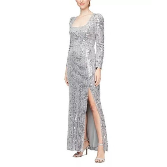 219$ Alex & Eve Sequined Puff Shoulder Scoop Neck A-Line Dress Size 8 Silver - Picture 1 of 2